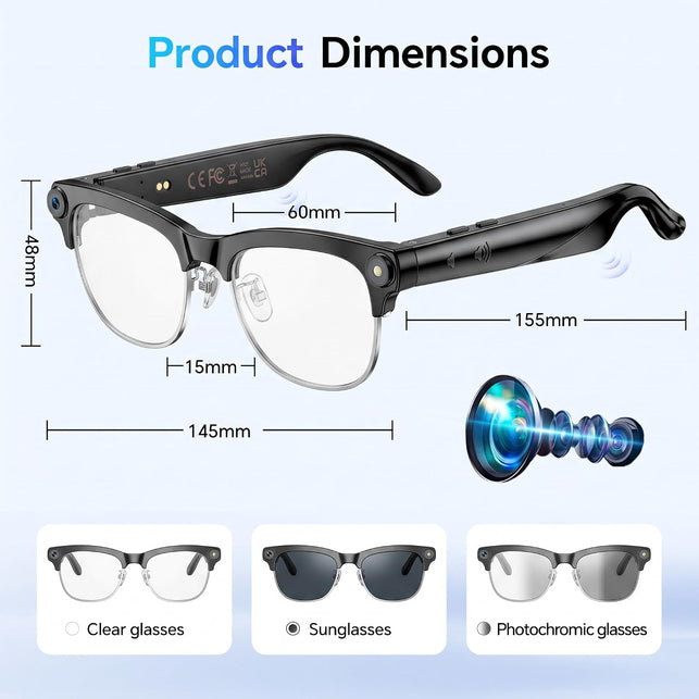 AI Smart Glasses with 4K Camera, Anti-Blocking Sensor & Dual-Mic ENC for HD1080P Videos,Ai Translation,Ai Voice Assistant,Bluetooth Audio,Sunglasses,Lightweight for Travel,Business