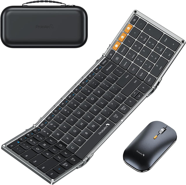 Protoarc Foldable Keyboard and Mouse, XKM01 Folding Bluetooth Keyboard Mouse Combo for Business and Travel, 2.4G+Dual Bluetooth Full-Size Portable Keyboard for Laptop Ipad Tablets - Space Gray