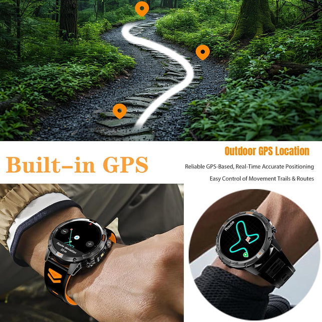 Bostbo Military Smart Watch,1.46" IPS Screen,Bluetooth Call, Smart Watches for Men,100+ Sport Modes for Men,Ip68 Waterproof，Compass with Flashlight Compatible with Ios & Android, Built-In GPS