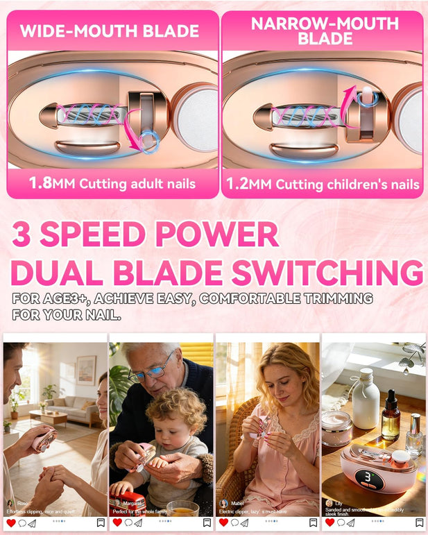 2026 Upgraded 3-In-1 Automatic Electric Nail Clipper【5.0 German Power Motor】【3 Smart Modes & Double-Blade】【Safe Nail Trimmer Polishing】 with LED Light & Dust Storage, Quiet & Gentle for Senior Adults (Pink 01)
