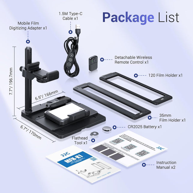 JJC Mobile Film Scanner Converts 35Mm & 120 Format Film to Digital, Negative Film Digitizer with LED Backlight and Adjustable Cellphone Clamp Holder, Detachable Wireless Remote Included