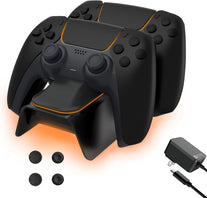 Nexigo Enhanced PS5 Controller Charger with Thumb Grip Kit, Fast Charging AC Adapter, Dualsense Charging Station Dock for Dual Playstation 5 Controllers with LED Indicator, Black