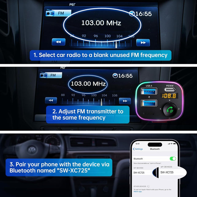 Syncwire Bluetooth 5.3 FM Transmitter Car Adapter 48W (PD 36W & 12W) [Light Switch] [Hifi Bass Sound] [Fast Charging] Wireless Radio Music Adapter LED Display Hands-Free Calling Support USB Drive