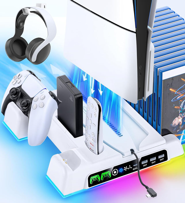 Cooling Stand for PS5/ Slim/Pro Disc & Digital Console, PS5 Cooling Station with Dual Controller Charging Station for Playstation 5 Console, 3-Level Cooling Fan & Playstation Vita Games