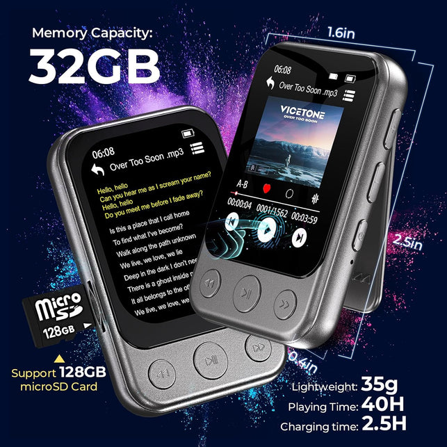 32GB Clip MP3 Player with Bluetooth 5.3, Speaker & 2″ HD Touchscreen