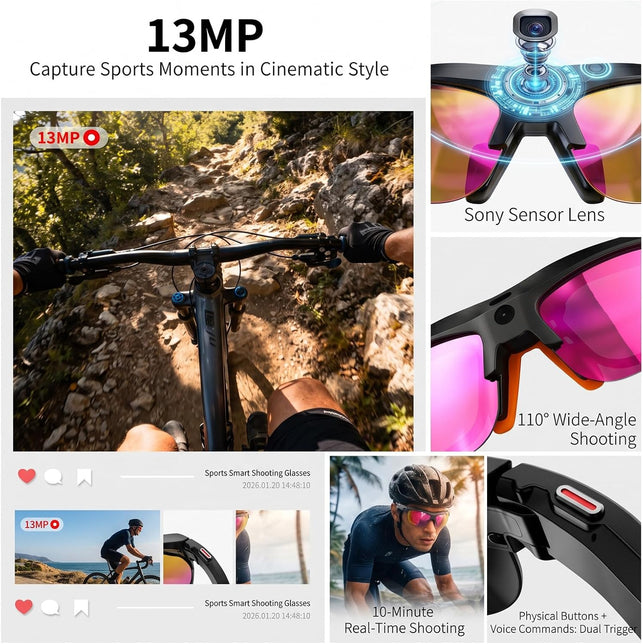 AI Sports Smart Glasses with 4K Camera, AI Translation,Hd1080P Videos(Imx386 13MPHD Imaging),Eis,Ai Voice Assistant,Bluetooth Audio,Sunglasses,Lightweight for Cycling,Outdoor Sports