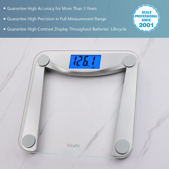 Vitafit Digital Bathroom Scale for Body Weight,Weighing Professional since 2001,Extra Large Blue Backlit LCD and Step-On, Batteries Included, 400Lb/180Kg,Clear Glass,Silver