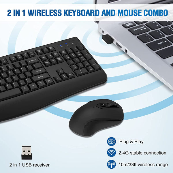 Wireless Keyboard and Mouse Combo, Full-Sized 2.4Ghz Wireless Keyboard ...