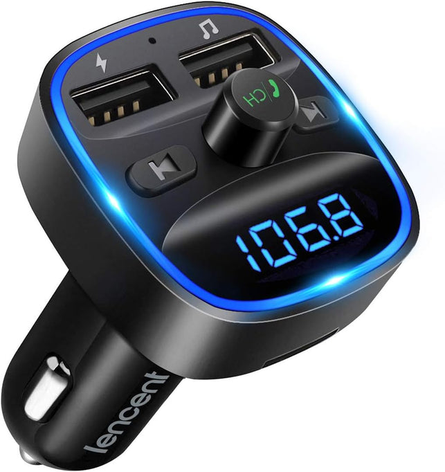 LENCENT FM Transmitter, 2022 Upgraded Bluetooth FM Transmitter Wireless Radio Adapter Car Kit with Dual USB Charging Car Charger MP3 Player Support TF Card & USB Disk