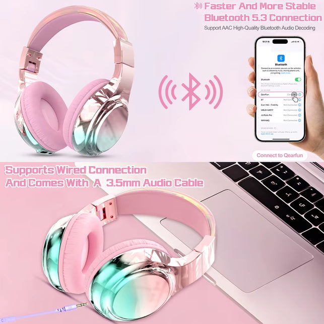 QearFun Glossy Gradient Pink Bluetooth5.3 Headphone for Girl Wireless Headphone with Mic over Ear Headset for Girlfriend Christmas Gift