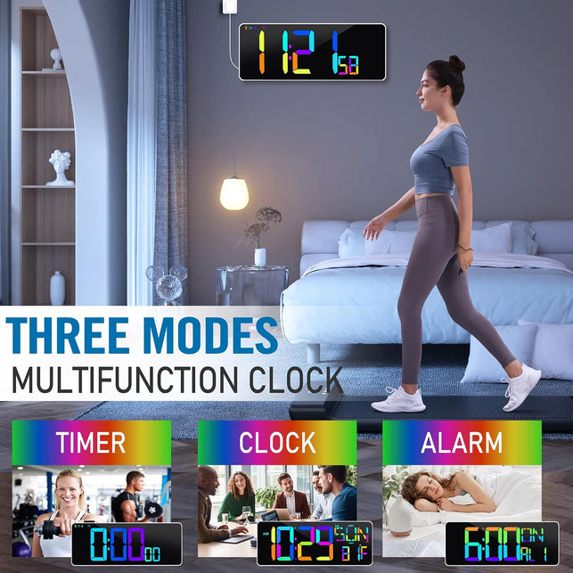 13.7" RGB LED Digital Wall Clock with Remote, Powered by AAA LR03 Batteries, Adjustable Brightness Timer for Home Office