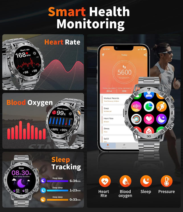 EF18 Military Smart Watch for Men, 1000 Mah Large Battery, 1.7″ HD Smartwatch with LED Flashlight/100+ Sport Modes Fitness Tracker, IP68 Waterproof Smart Watches for Android Ios (3 Straps)