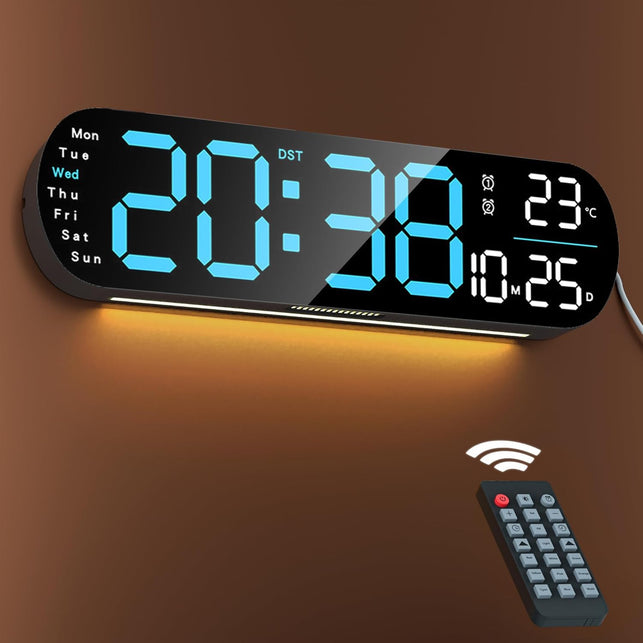 Digital Wall Clock, 14'' LED Digital Alarm Clock with 9 Color Ambient Light