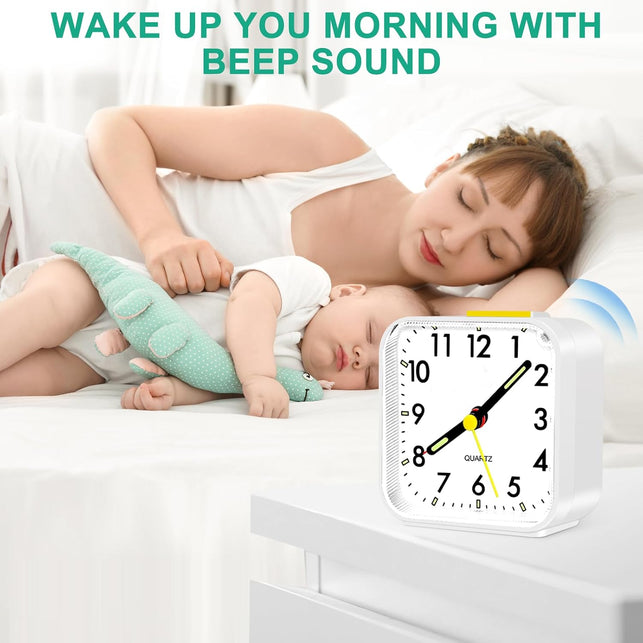Alarm Clock, Silent Alarm Clocks Bedside Non Ticking Table Clocks Bedside Clock Battery Powered Large Display Snooze Light Clocks for Heavy Sleepers Kids Bedrooms Office Travel White