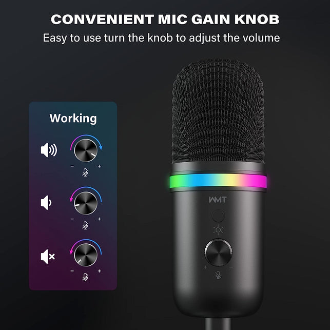 WMT USB Microphone - Condenser Gaming Microphone for Pc/Mac/Ps4/Ps5/Phone- Cardioid Mic with Brilliant RGB Lighting Headphone Output Volume Control, Mute Button, for Streaming Podcast Youtube Discord