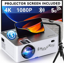 Projector with Wifi and Bluetooth, 5G Wifi Native 1080P/16000L Video Projector with Screen, 4K Support Outdoor Projector, 350'' Display Phone Projector with Carry Bag &Tripod for Iphone, TV Stick, Mac