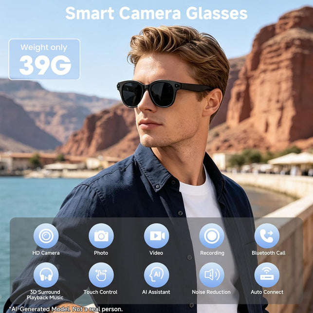 AI Smart Glasses with Camera, HD Bluetooth Camera Glasses with Audio, Video Recording Sunglasses for Women Men, Real Time Translation, Voice Assistant, Open Earbuds for Travel, Work Vlog