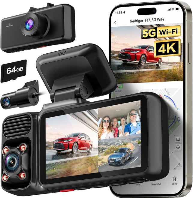 REDTIGER 4K 3 Channel Dash Cam 5G Wifi Built-In GPS with 64GB Card, 2160P+1080P+1080P Front and Rear inside Loop Recording, Triple Car Camera with 3 Inch Screen, IR Night Vision, WDR, Parking Mode