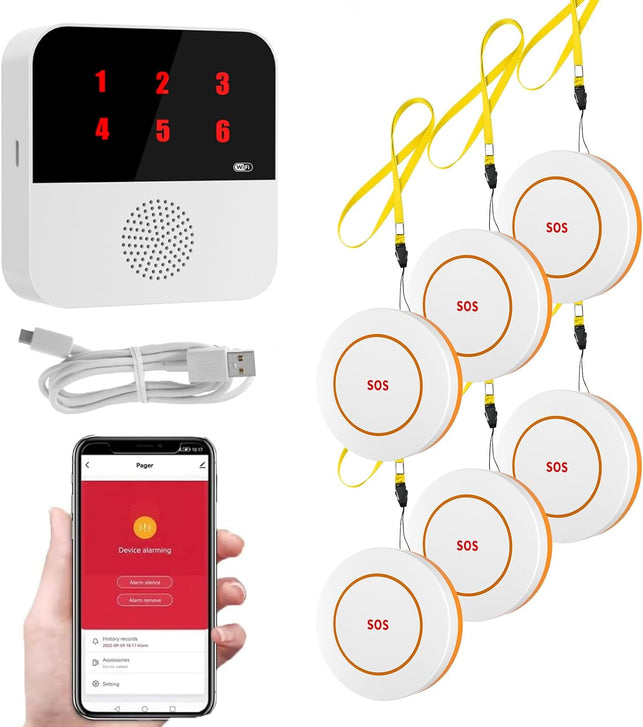 Wifi Smart Caregiver Pager Wireless Call Button for Elderly Monitoring,Life Alert Systems for Seniors 1 Receiver & 6 Call Buttons (Only Supports Wi-Fi 2.4Ghz )