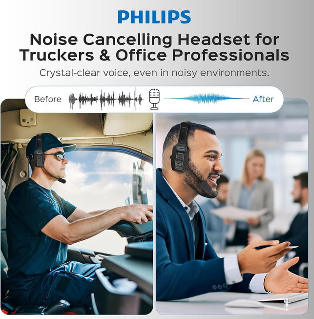 Philips Trucker Bluetooth Headset with Mic, Wireless Trucker Headset with AI Noise-Canceling Microphone & Instant Mute Button, Reliable Long Battery Life, Headphones for Drivers, Office, Call Centers