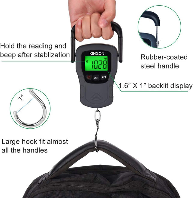 Digital Hanging Luggage Scale with Comfortable Handle and Large Hook, 110Lb/50Kg, Backlit Portable Scale for Travel Fishing with Tare/Hold Function, AAA Batteries Included, Grey