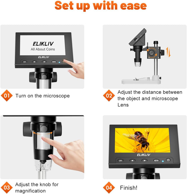 Elikliv Microscope, LCD Digital Coin Microscope 1000X, Coin Magnifier with 8 Adjustable LED Lights, PC View Compatible with Windows, EDM4, 4.3 Inch