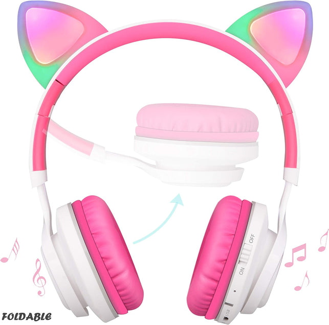 Riwbox CT-7 Cat Ear Bluetooth Headphones, LED Light up Bluetooth Wireless over Ear Headphones with Microphone and Volume Control for Travel/School/Smartphones/Laptop/Pc/Tv