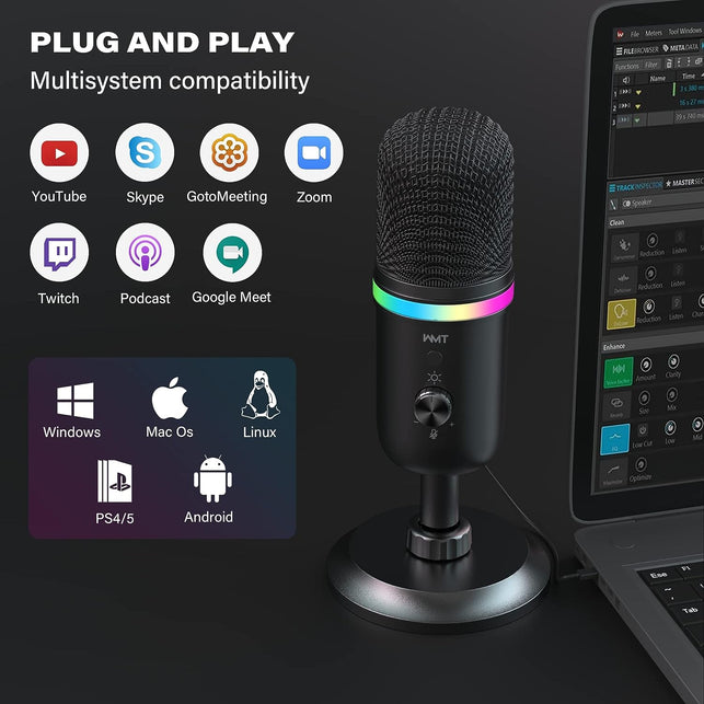 WMT USB Microphone - Condenser Gaming Microphone for Pc/Mac/Ps4/Ps5/Phone- Cardioid Mic with Brilliant RGB Lighting Headphone Output Volume Control, Mute Button, for Streaming Podcast Youtube Discord