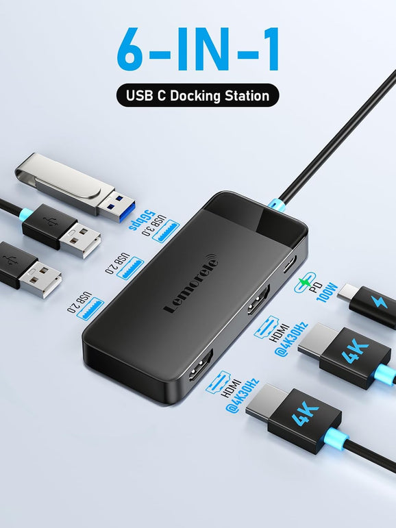 Lemorele 6-In-1 USB C Docking Station Monitor with Dual HDMI 4K30Hz Display