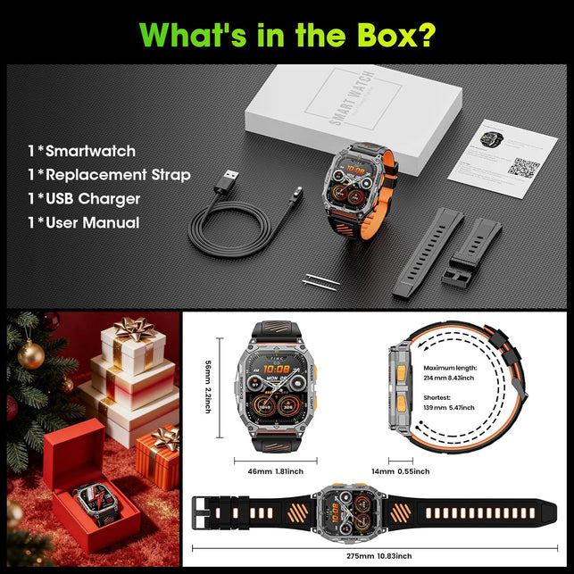 Smart Watches for Men, 2.01" HD Military Smart Watch with 1000Mah High-Capacity Battery/Led Flashlight/Answer/Make Call/Step Tracker, Fitness Tracker for Android/Iphone (Orange)