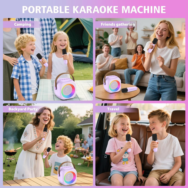 Mini Karaoke Machine for Kids Adults, Portable Bluetooth Speaker with 2 Wireless Microphones, Microphone and Speaker Set with Disco Light for Home Party Christmas Birthday Purple