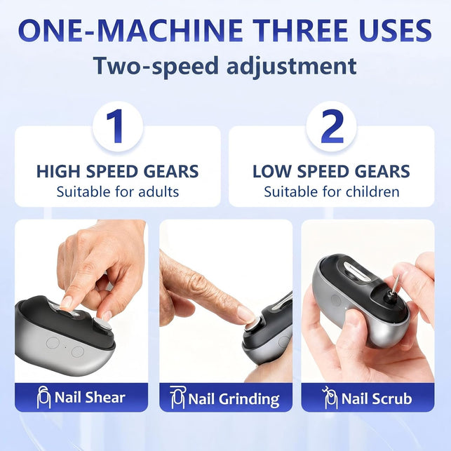 3-In-1 Electric Nail Clipper with LED Light, 2 Speeds, Gray