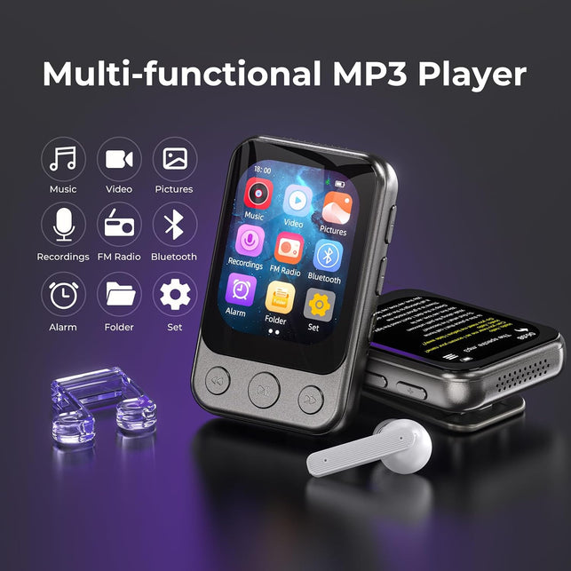 32GB Clip MP3 Player with Bluetooth 5.3, Speaker & 2″ HD Touchscreen
