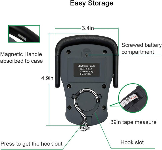 Digital Hanging Luggage Scale with Comfortable Handle and Large Hook, 110Lb/50Kg, Backlit Portable Scale for Travel Fishing with Tare/Hold Function, AAA Batteries Included, Grey