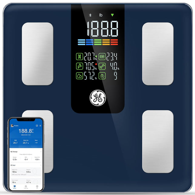 GE Smart Scale for Body Weight, BMI, Fat, Muscle Mass, Digital Bathroom Scales 500Lbs Bluetooth 11.8" Large Platform Weighing Machine Health Monitor with App, Dark Blue