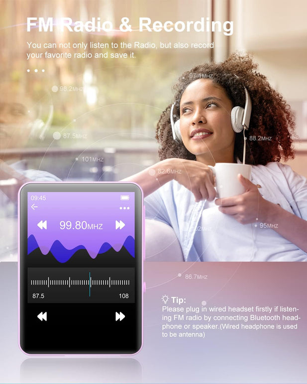 64GB MP3 Player with Bluetooth 5.3, Portable Digital Lossless Music Player with Built-In Speaker, 2.4 in Full Touch Screen, FM Radio, Line-In Voice Recorder, Earphones Included, Support up to 128GB