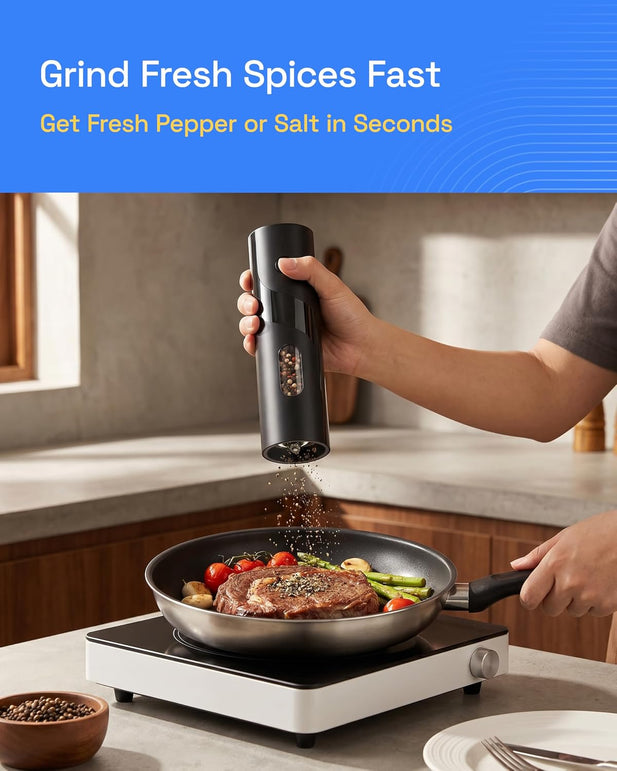 HBN Electric Pepper Grinder, Rechargeable Salt and Pepper Mill Set with Charging Base, One-Handed Automatic Operation, Adjustable Coarseness, LED Light, Stainless Steel Body for Kitchen Cooking Dining