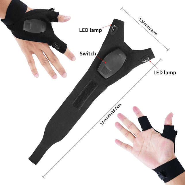 LED Rechargeable Flashlight Glove Lamp Unique Tools Gifts for Men Dad Adults,Cool Gadgets Hands-Free Lights Fingerless Work Gloves with Stretchy Strap for Home Fishing Camping Hunting(1 Pair)