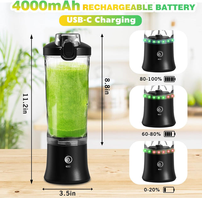 Portable Blender Personal Juicer with Insulated Sleeve for Shakes and Smoothies - 21 Oz Mini Blender Cup with 6 Blades, Travel Lid, USB Rechargeable - Small Blender for Kitchen, Travel, Office, Gym