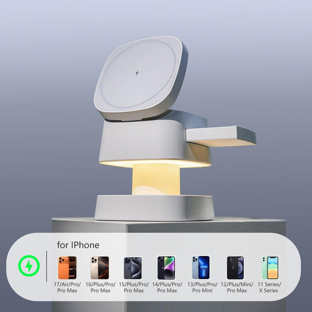 【2026 Upgraded】4 in 1 Wireless Charger, 3 in 1 Wireless Charging Station with Night Light for Magsafe Charger, 15W Magnetic Travel Stand for Iphone17/Air/Pro/Max/16/15/14/13/12, Apple Iwatch, Airpods