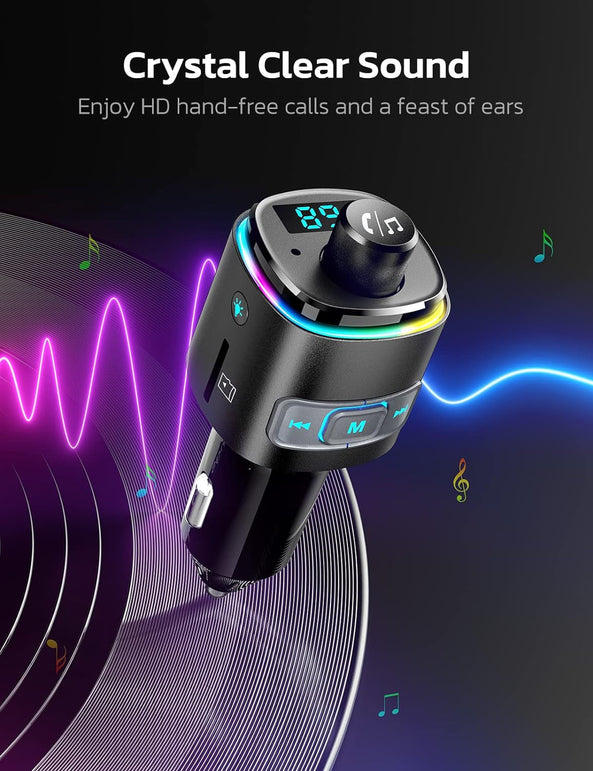Nulaxy Bluetooth FM Transmitter for Car, QC3.0 Fast Charge Bluetooth Car Adapter, Wireless Radio Car Kit with 7 Color LED Backlit, Support Hands-Free Calls, USB Flash Drive, Microsd Card (B- Black)