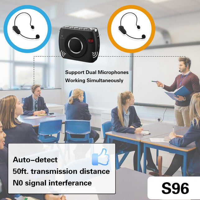 W WINBRIDGE 25W Wireless Voice Amplifier with Two Bluetooth Headset Microphones, High Capacity 8000Mah|Record, Portable Pa System Bluetooth Speaker and Microphone, Megaphone with Mic for Teachers S96