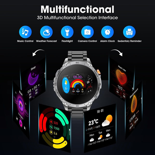 Military Smart Watch for Men 1.75" HD AMOLED Display 730Mah Battery Smart Watches with LED Flashlight for Android Ios（Bluetooth Call Answer/Dial Calls） Fitness Tracker Black Steel Strip
