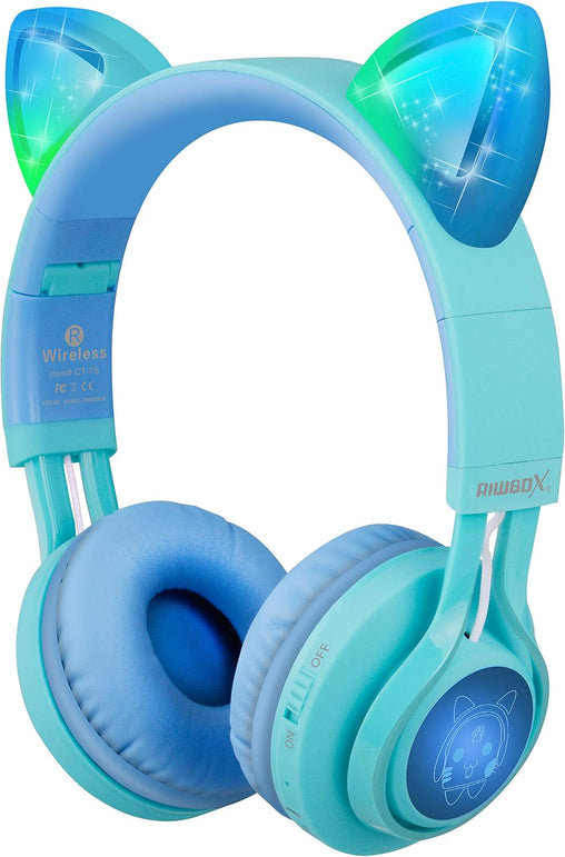 Riwbox Kids Headphones, CT-7S Cat Ear Bluetooth Headphones 85Db Volume Limiting,Led Light up Kids Wireless Headphones over Ear with Microphone for Laptop/Pc/Tv(Blue&Green)
