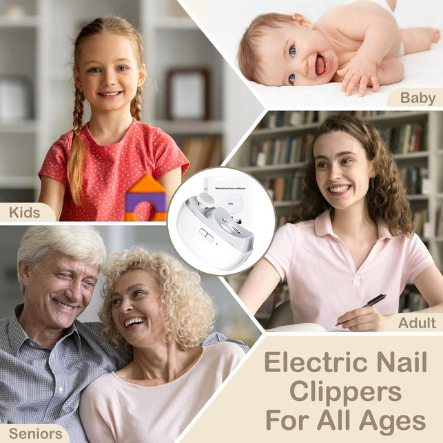 Automatic Nail Clipper Electric Nail Trimmer Polisher 2 in 1 Portable Fingernail Cutter with Light 2 Speeds File Nail Clip Storage Rechargeable Safety Trimmer for Baby Kids Adults Seniors (White)