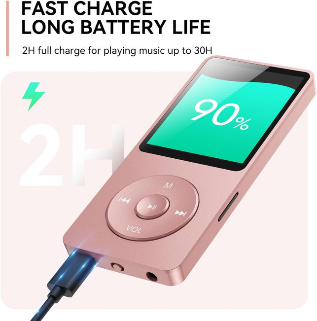 AGPTEK A02 32GB MP3 Player with Bluetooth 5.3, 1.8 Inch Screen Portable Music Player with Speaker, FM Radio, Voice Recorder, Supports Expanded up to 128GB (Rose Gold, 32GB)