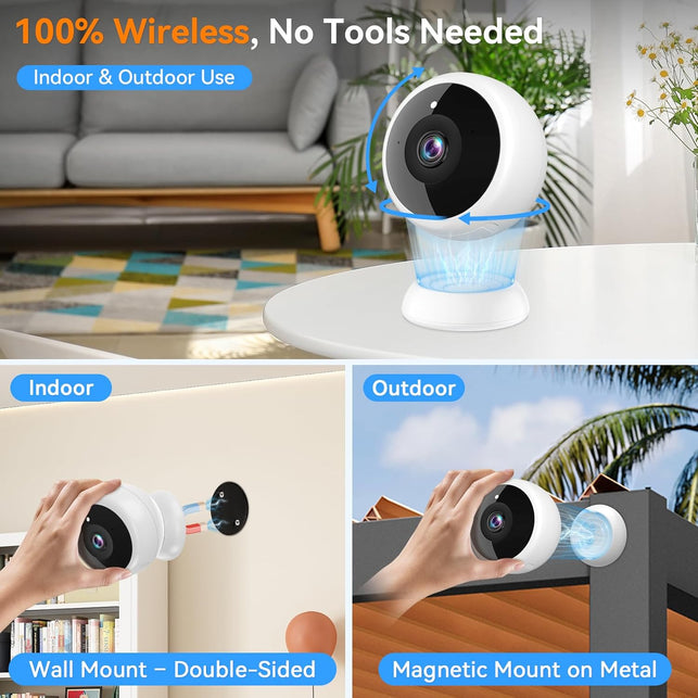Thybro Magnetic Security Camera Wireless - 2K HD Video, AI Motion Detection, Battery Powered, 360°, 2-Way Audio,Ir Color Night Vision, Waterproof, Outdoor & Indoor Surveillance (2)
