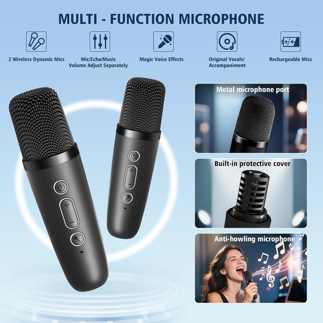 Portable Karaoke Machine with 2 Wireless Microphones, Bluetooth Speaker, Colorful LED Lights, 5 Voice Effects, Black, Perfect for Kids & Adults, Home Party