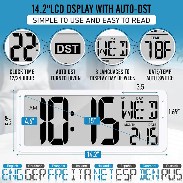 15.2" Large Digital Wall Clock Battery Operated with Jumbo Numbers, Temperature and Date - Easy to Read and Set, Auto DST(NOT INCLUED)