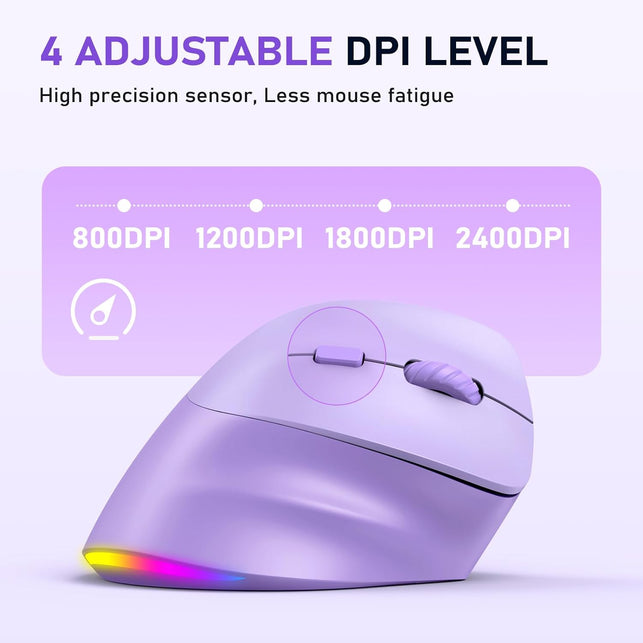 MEETION Ergonomic Mouse, Wireless Vertical Mouse RGB Backlit Rechargeable Mice for Bluetooth(5.2 + 3.0) & USB-A with USB-C Adapter 4 Adjustable DPI Compatible Mac/Windows/Andriod/Pc/Tablet/Ipad Purple